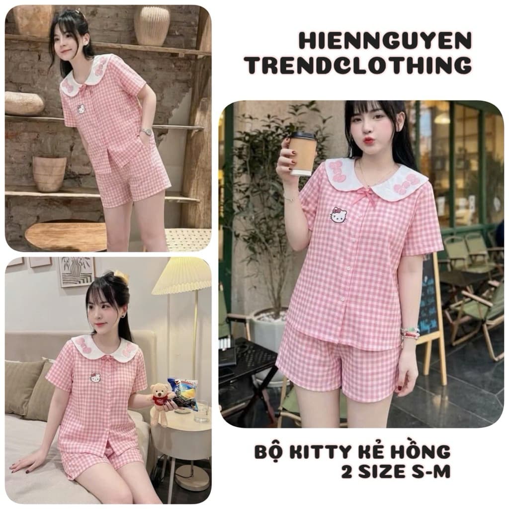Bộ Đồ Ngủ Nữ Hello Kitty Caro Cổ Bèo - Set Pijama Nữ Quần Short Mặc Nhà Dễ Thương