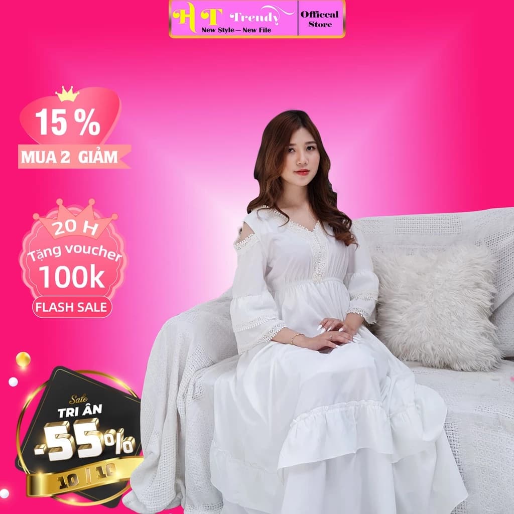 Đầm Maxi Dài Đi Biển Dáng Suông Thiết Kế Thời Trang Cao Cấp HT TRENDY Đầm Tầng Hở Vai Cotton Lạnh