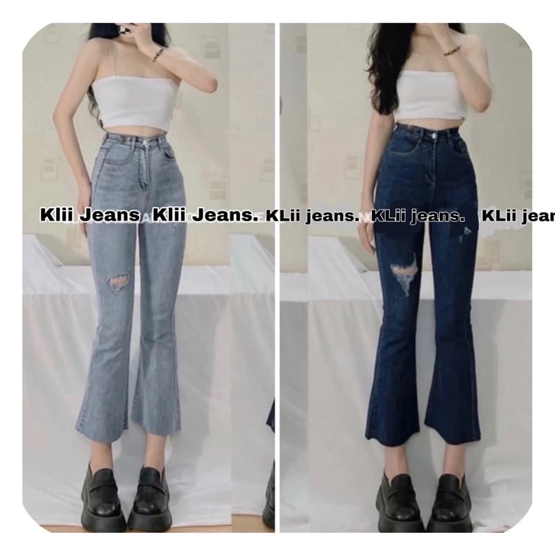 Quần jean ống loe lửng rách nhẹ siêu xinh🌹dài 90-93 lưng cao co giãn KLii jeans