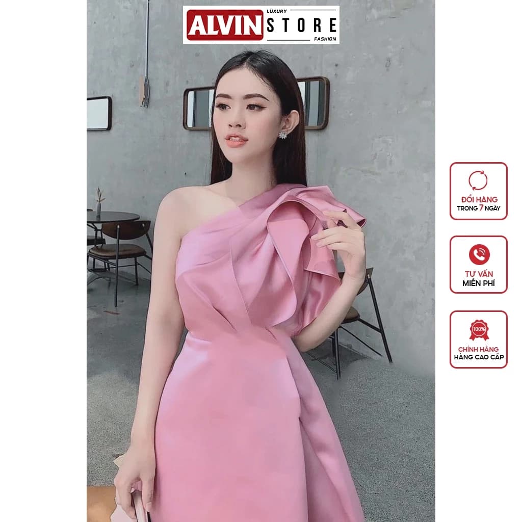 Đầm Xoè Kiểu Lệch Vai Kèm Nơ Xếp Ly Độc Đáo Eo Đắp Chéo Tà Phong Cách Sang Trọng Alvin Store 0907