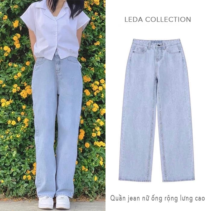 Quần Jean Ống Suông Rộng Lưng Cao Nữ Leda Quần Bò Ống Suông Màu Đen Trắng Xám Xanh Kem Dài 100cm JS01