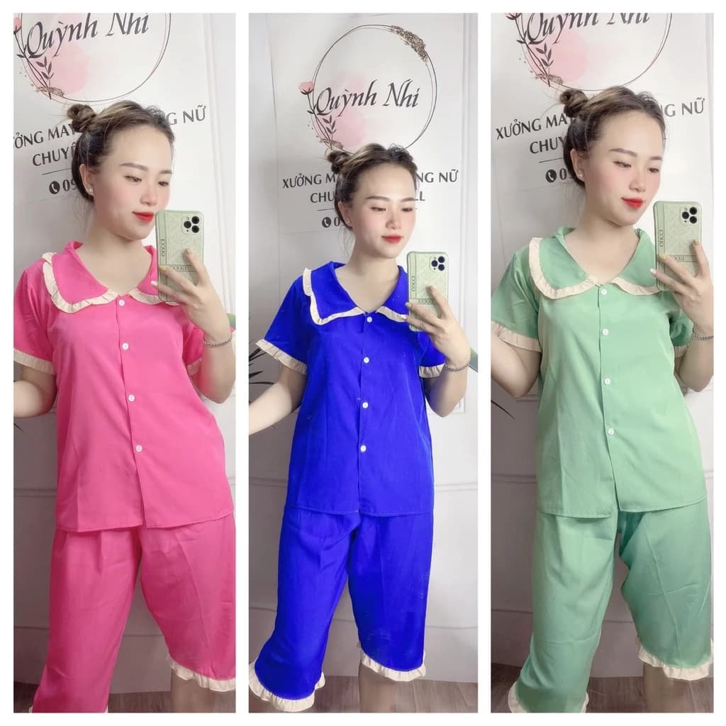 Đồ bộ lụa mặc nhà, sét pijama tiểu thư trơn cổ bèo, 6 màu cực hot, ảnh thật 40-75KG - PJ03