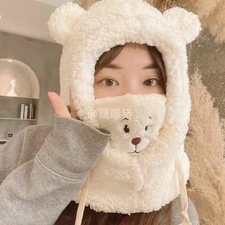 TD012 Mũ Len Lông Cừu Trùm Tai Kèm Khẩu Trang Hình Gấu