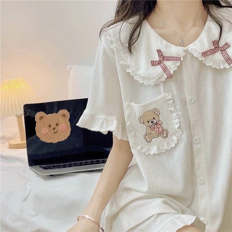 Set đồ ngủ mặc ở nhà ngắn tay cổ búp bê dáng rộng size lớn dễ thương cho nữ