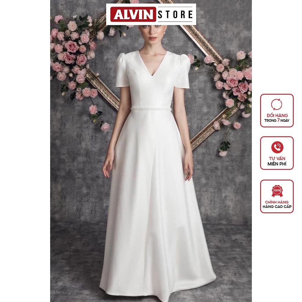 Đầm Dạ Hội Kiểu Xoè Tay Con Cổ V Eo Đính Ngọc Alvin Store 0901