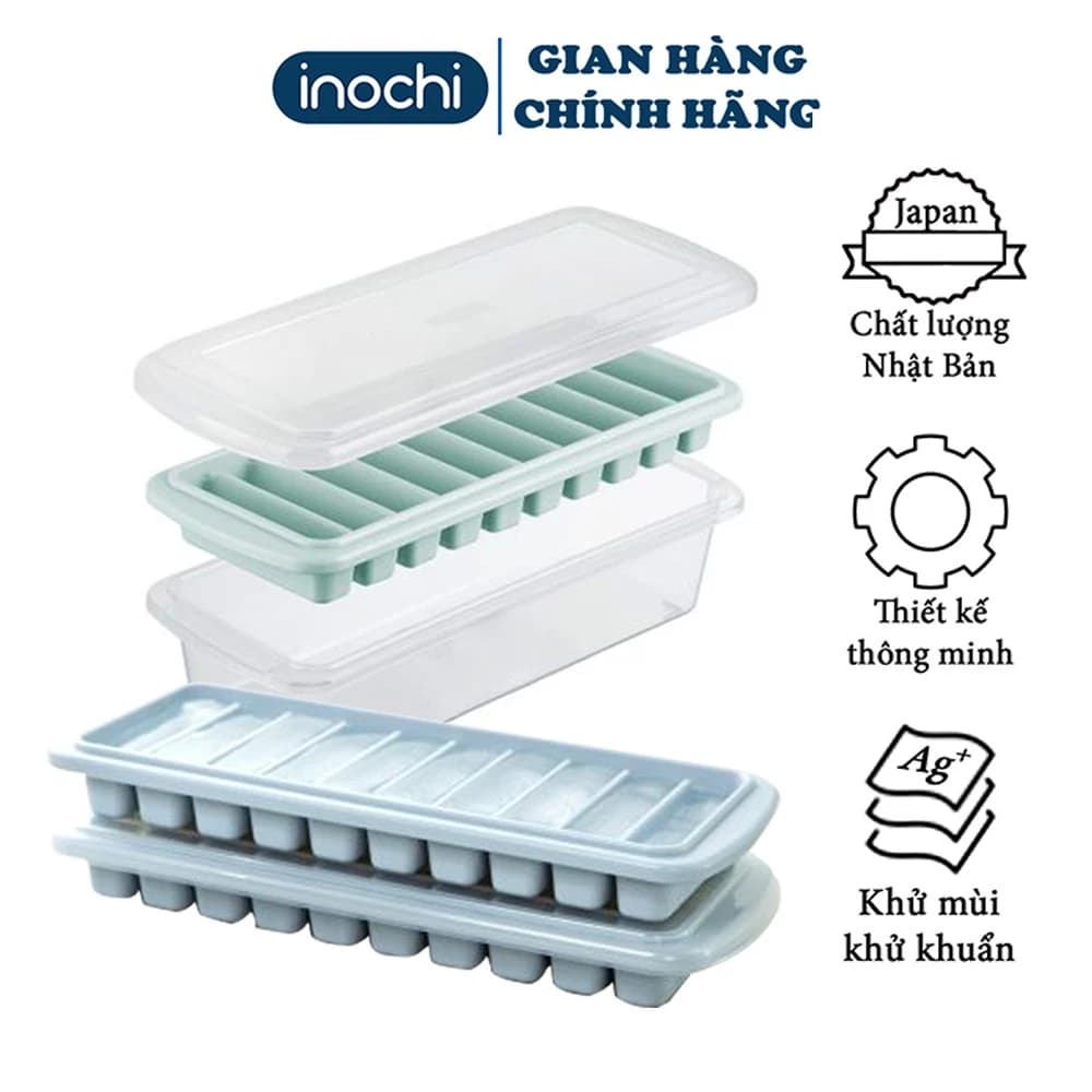 Khay đá - vỉ làm đá tủ lạnh khay 10 thanh có nắp đậy bằng nhựa nguyên sinh karu inochi Nhật Bản