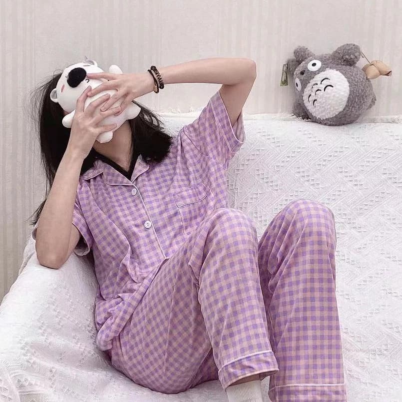 Bộ Đồ Ngủ 2 Món Áo Cardigan Tay Ngắn Phối Quần Short Kẻ Sọc Kiểu Hàn Quốc Dễ Thương