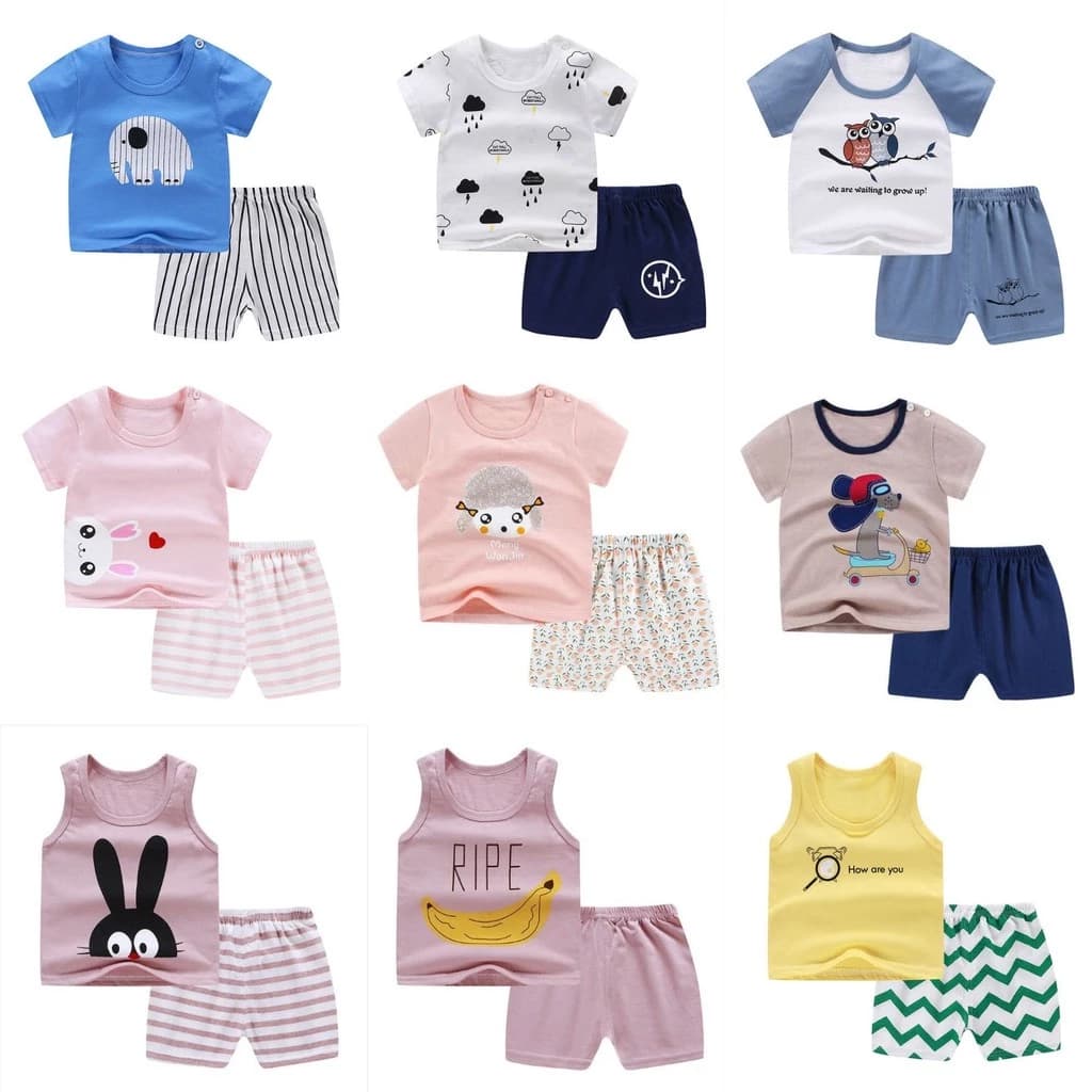 Bộ cộc tay, bộ ba lỗ mùa hè cho bé trai và bé gái hàng Quảng Châu chất đẹp, mát size 73-100 (9-36 tháng)