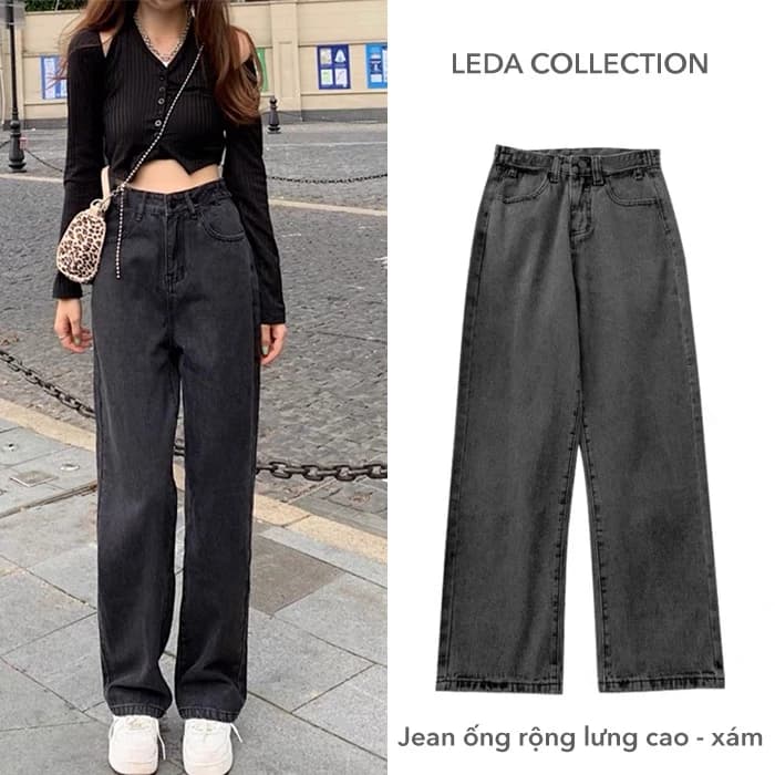 Quần Jean Ống Suông Rộng Lưng Cao Nữ Leda Quần Bò Ống Suông Màu Đen Trắng Xám Xanh Dài 100cm JS01