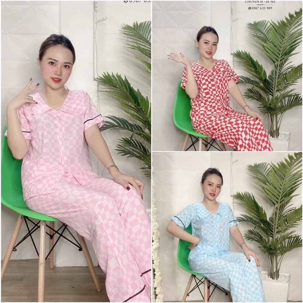 Set Bộ Nữ, Set Bộ Pijama Tay Ngắn Quần Dài Họa Tiết Caro Hot (Ảnh Thật) Có Size - PJ06