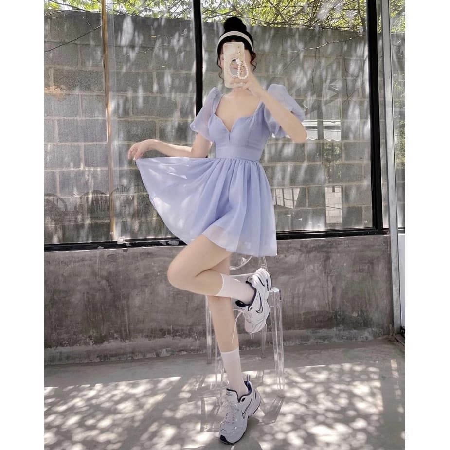 ĐẦM XANH XÒE, CỔ NHỌN, TAY BỒNG, CÓ MÚT NGỰC ⚡HỎA TỐC⚡ VẢI VOAN KIẾNG BỒNG BỀNH NÀNG THƠ - MEOINDAHOUSE