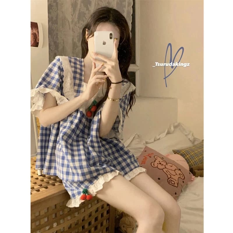 【Spot】Pajama Short Sleeved Women's Pajamas Two-Piece Set Wide-Sleeve Short-Sleeve Pajamas Printed Cute Cherry Korean Style Women's Fashion