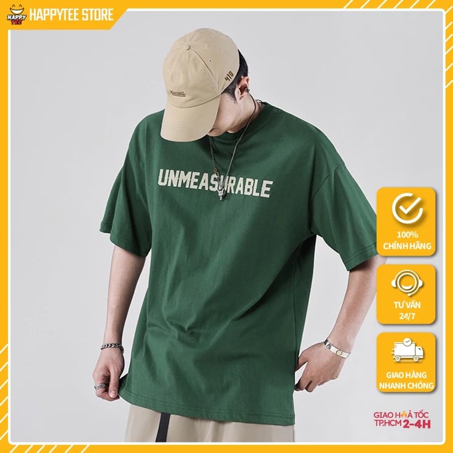 Áo Thun Nam HappyTee - Áo phông nam form rộng tay lỡ xanh rêu in Unmeasurable vải cotton 100 cao cấp