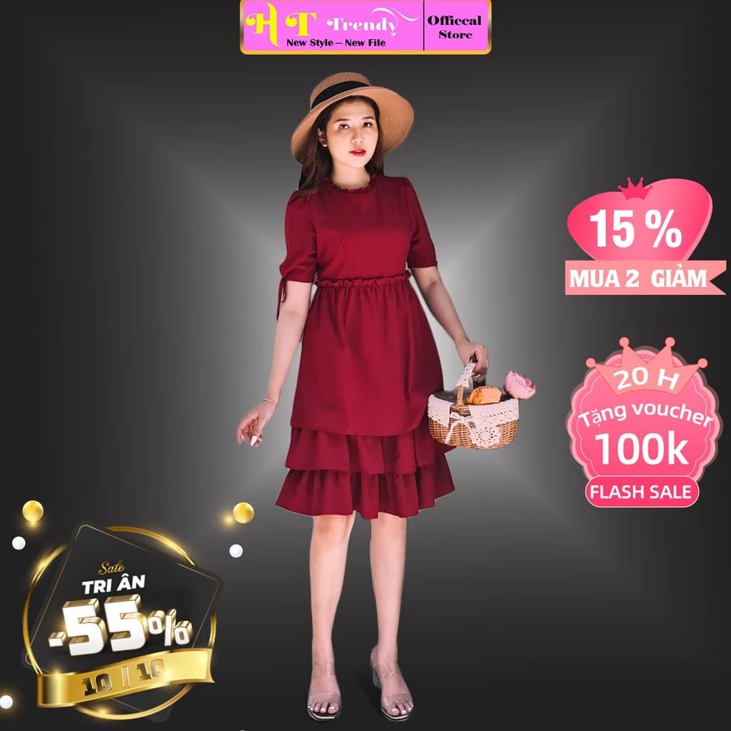 Đầm Xòe Công Sở Váy Dự Tiệc Thời Trang Thiết Kế Cao Cấp HT TRENDY Nhúm Eo  Chất Cotton Lạnh