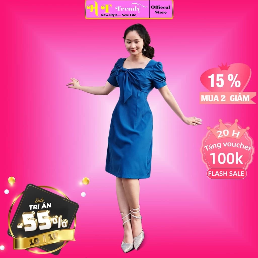 Đầm Nữ Cổ Vuông Công Sở Váy Suông Dự Tiệc Thời Trang Cao Cấp HT TRENDY Nơ Ngực Chất Cotton Dáng Đẹp