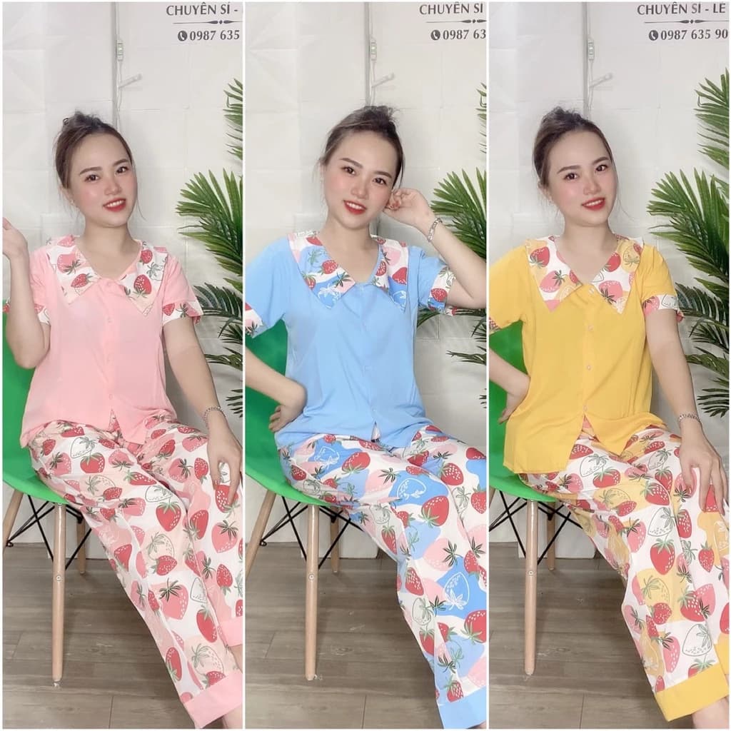 BỘ PIJAMA DÀI HỌA TIẾT TRÁI DÂU DỄ THƯƠNG (ẢNH THẬT) CÓ SIZE 40-75KG - PJ05