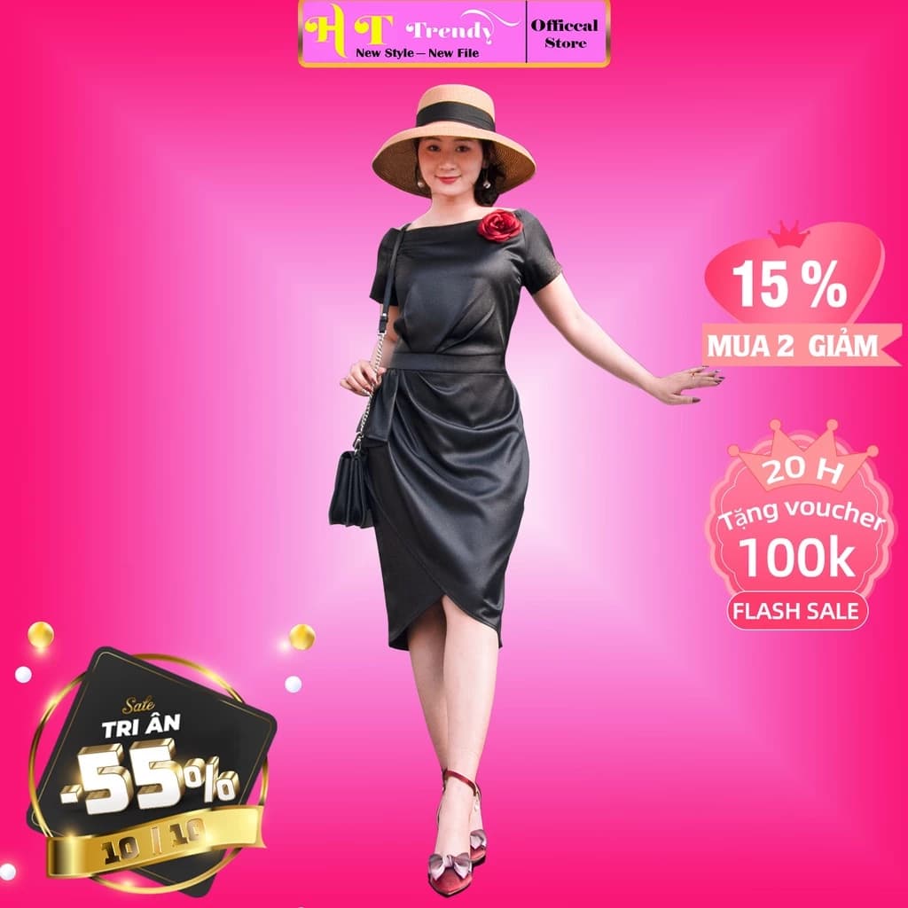 Đầm Nữ Dự Tiệc Váy Công Sở Thời Trang Thiết Kế Cao Cấp HT TRENDY Dáng Đẹp Rút Dây Xinh Xắn cotton