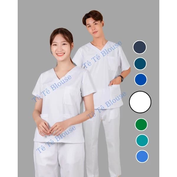 Bộ SCRUBS cổ tim phòng mổ, đồng phục phẫu thuật, Spa, phòng khám, Bác Sĩ, màu TRẮNG, chất vải LON mỏng và Thun co giãn