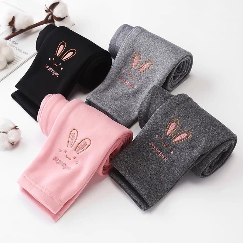 Quần cotton lót nhung giữ ấm mùa đông in họa tiết hoạt hình phong cách Hàn Quốc dành cho bé gái 90-135CM