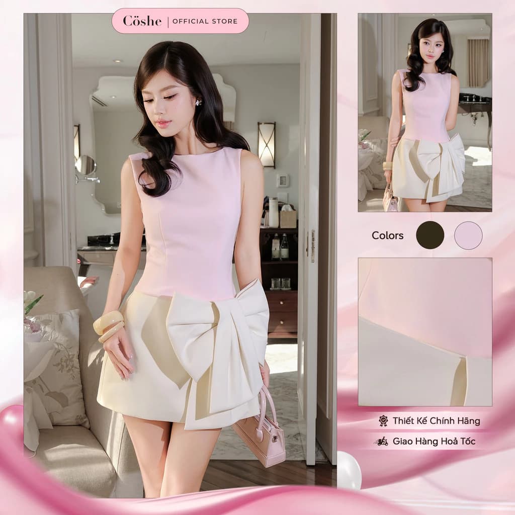 Đầm dự tiệc COSHE Karin Dress sát nách đính nơ 3D chất xẹc Ý sang chảnh dự tiệc đi chơi