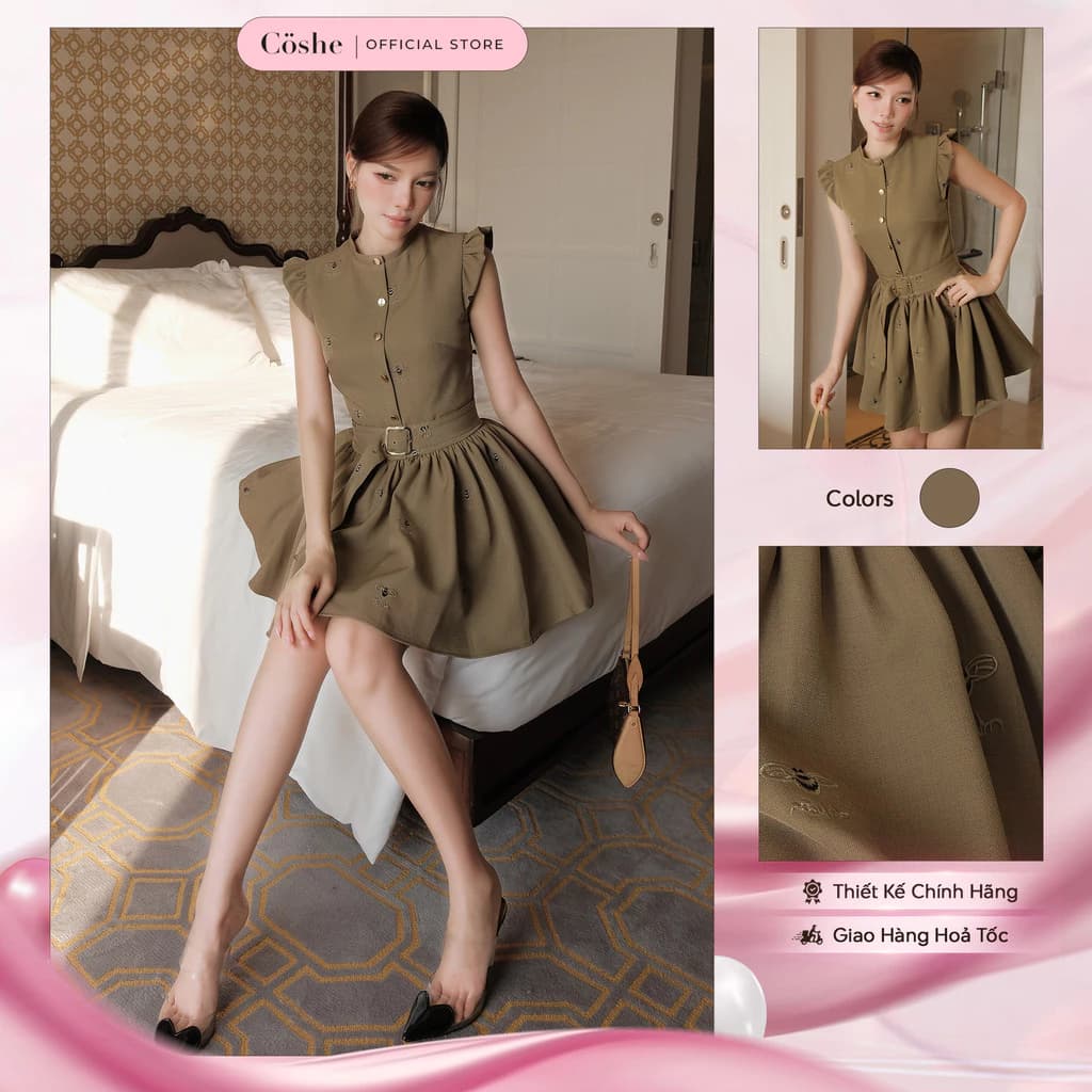 Đầm dự tiệc COSHE Desire Dress thêu họa tiết ong nâu vải trượt phong cách sang trọng dự tiệc dạo phố