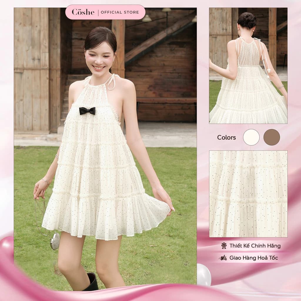 Đầm babydoll COSHE Natty Dress cổ yếm chấm bi phối nơ tiểu thư nữ tính dạo phố du lịch