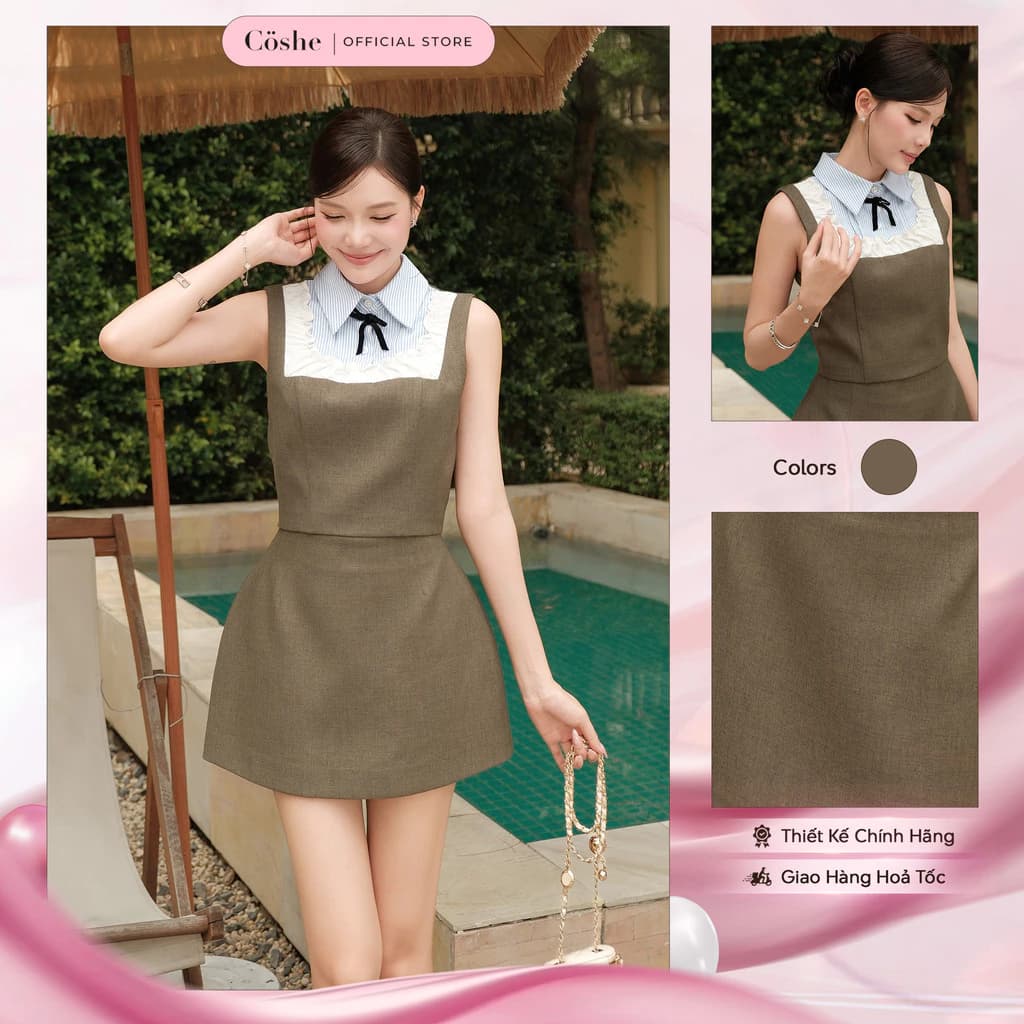 Đầm dáng yếm COSHE Macy Dress giả cổ sơ mi kẻ sọc nhún bèo bố Thái kate nữ tính dạo phố
