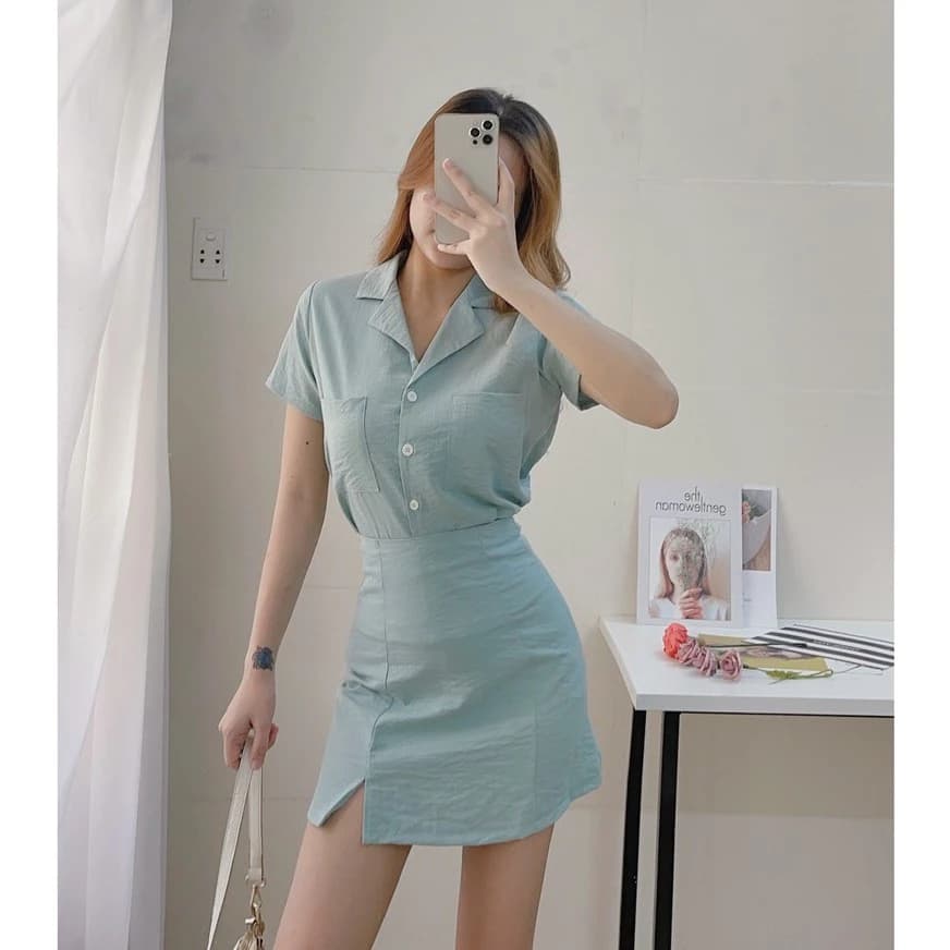 [SHIP HỎA TỐC] SET SƠ MI - THỜI TRANG CÔNG SỞ - SET ÁO SƠ MI + CHÂN VÁY A - MÈO IN DA HOUSE