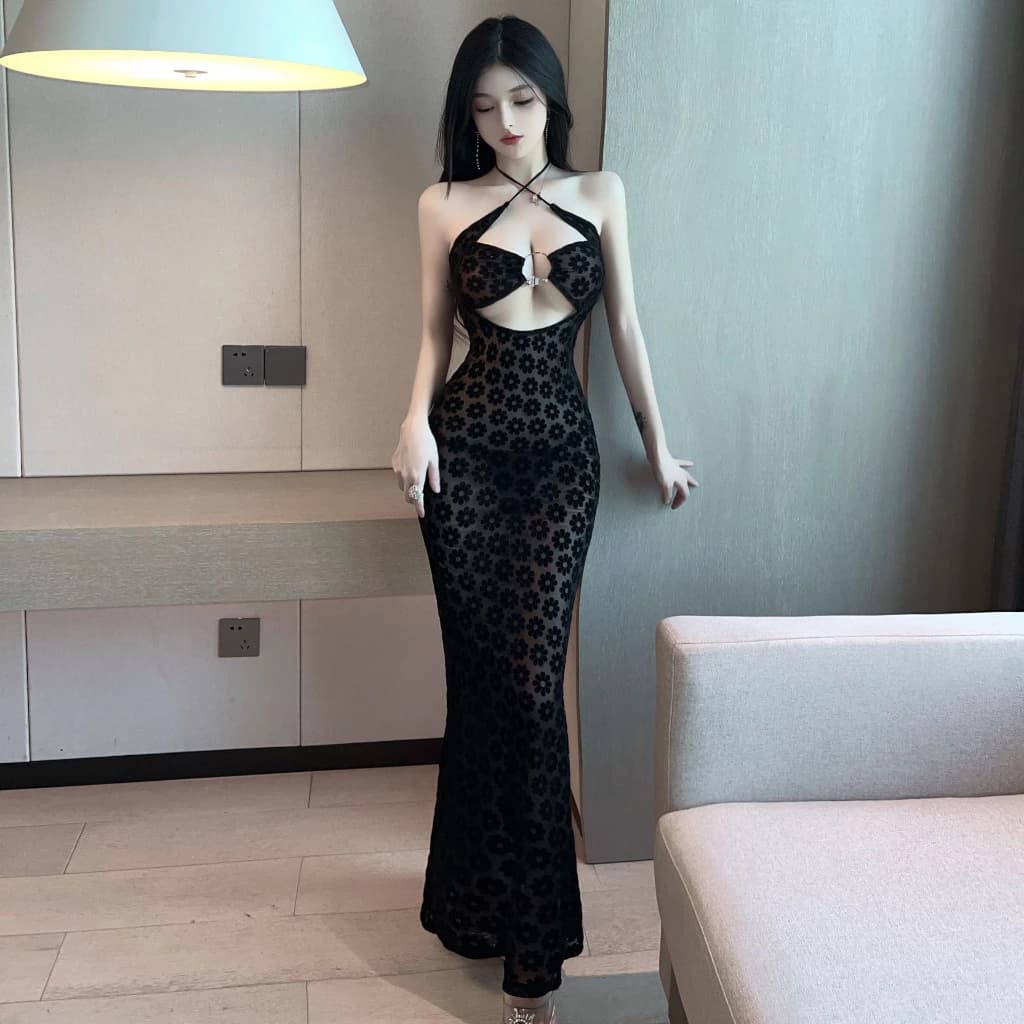 Klalien Dây Lưới Chắp Vá Nhìn Xuyên Qua Đầm Maxi Nữ Gợi Cảm Ren Lên Vỏ Áo
