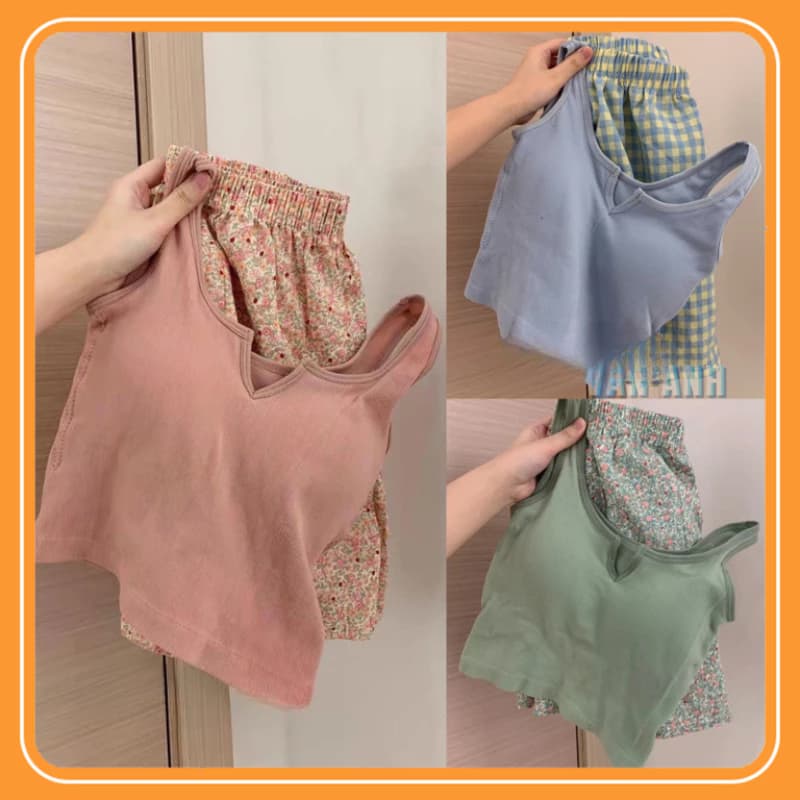 Bộ đồ ngủ mặc nhà Áo Hai Dây Phối Quần Short chất mát kèm mút