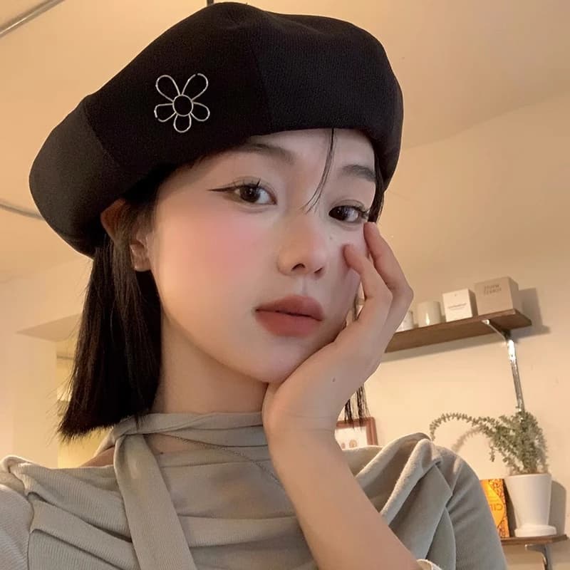 Đen Mũ beret Dệt Kim Mỏng Họa Tiết Hoa Phong Cách Hàn Quốc Cho Nữ