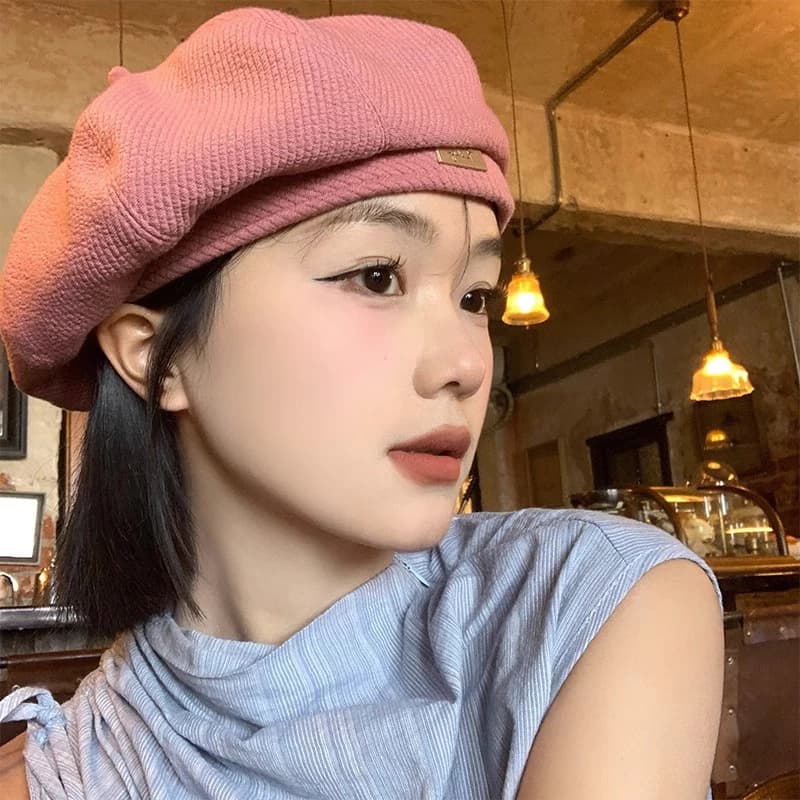 Mũ beret Dệt Kim Mỏng Màu Hồng Phong Cách Họa Sĩ Nhật Bản ins Cho Nữ