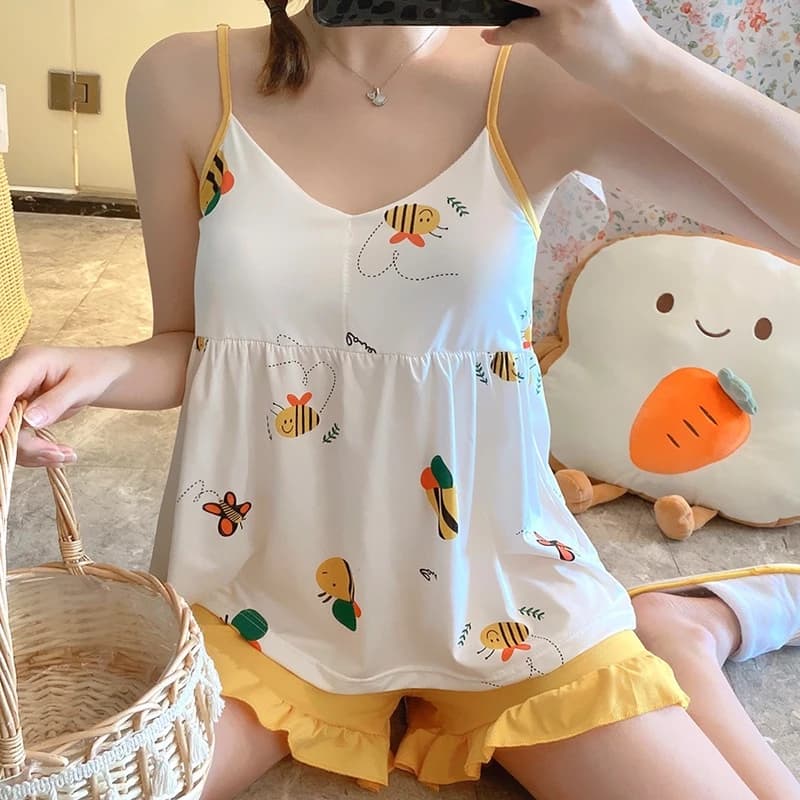 Bộ Đồ Ngủ Hai Dây Không Tay Có Đệm Ngực In Họa Tiết Hoạt Hình Dễ Thương