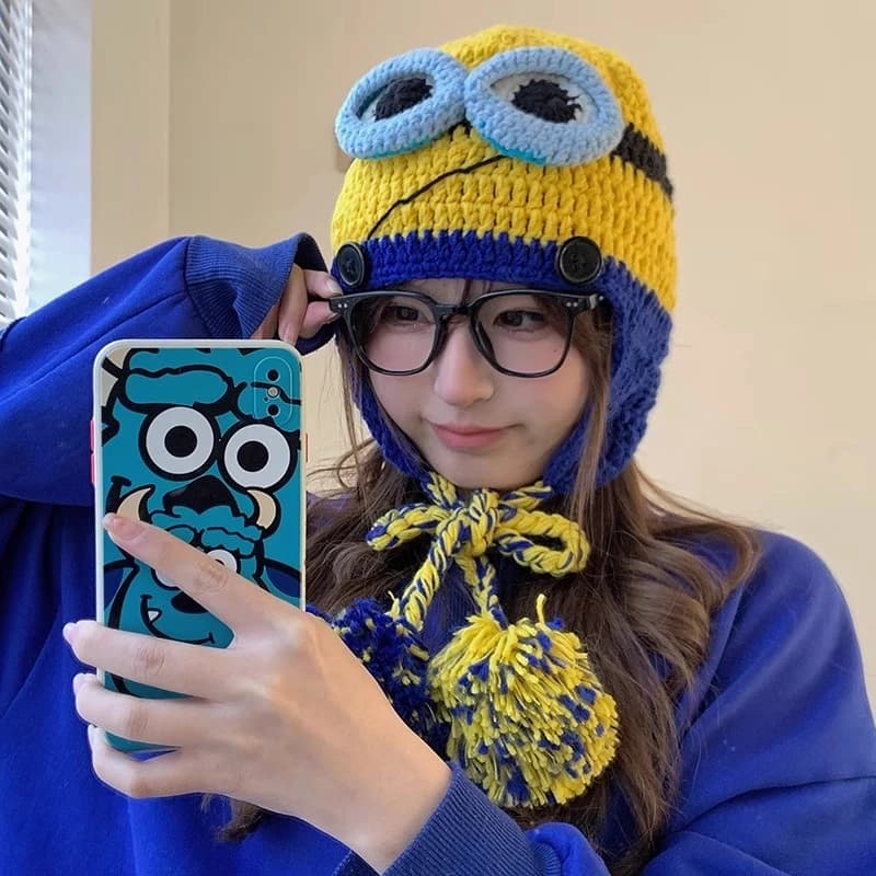Mũ Len Dệt Kim Hình minions Giữ Ấm Tai Thời Trang Thu Đông Cho Nữ