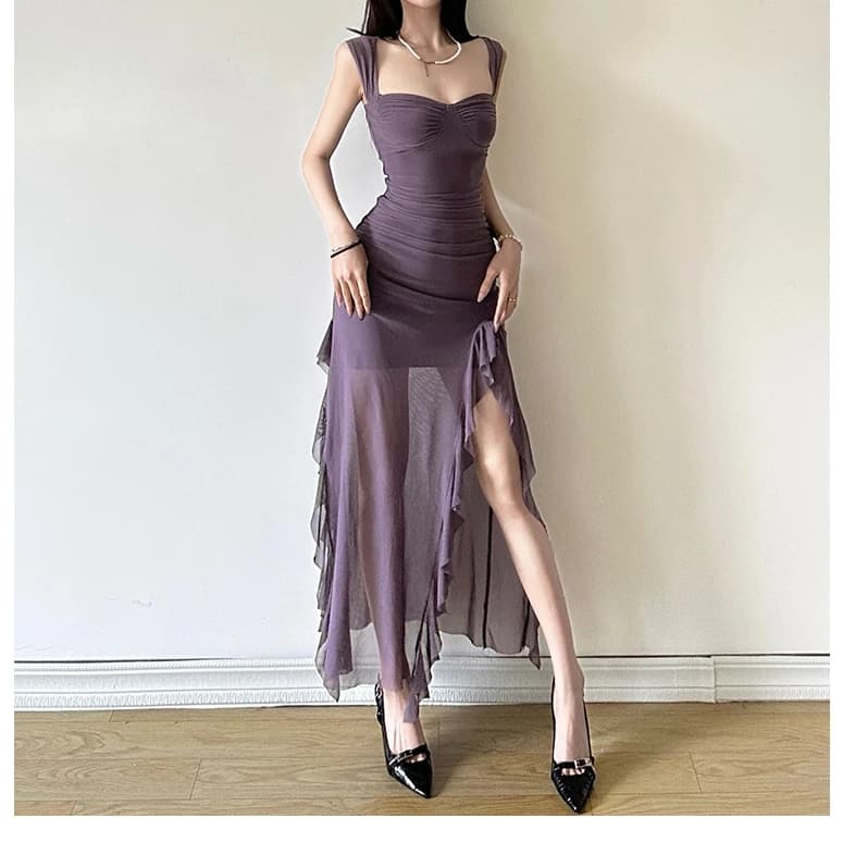 Klalien Pháp Màu Trơn Ruffle Edge Lưới Splice Slim Fit Trưng Bày Body Slim Dress Đầm Dài Đa Năng