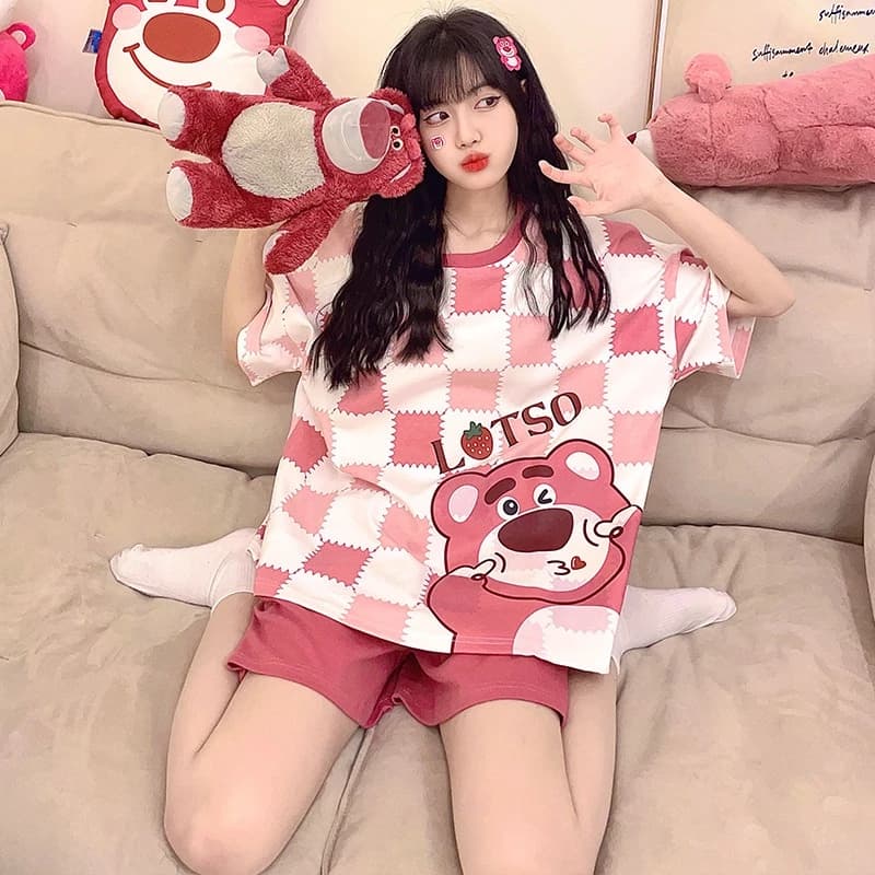 Bộ đồ ngủ ngắn tay cotton co giãn mùa hè dành cho nữ, đồ mặc nhà ngọt ngào và dễ thương