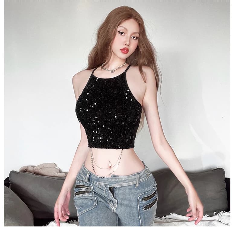 Klalien Mùa Hè Mới Nữ Hot Girl Blingbling Dây Đeo Xe Tăng Nhỏ Top Dây Xích Cao Cấp Ngắn Top