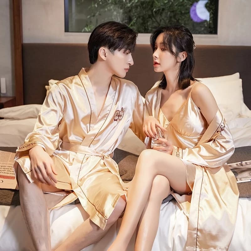 Đám cưới Sexy Cặp đôi Váy ngủ lụa băng Váy ngủ Nam và Nữ Bộ đồ choàng tắm lụa dài tay