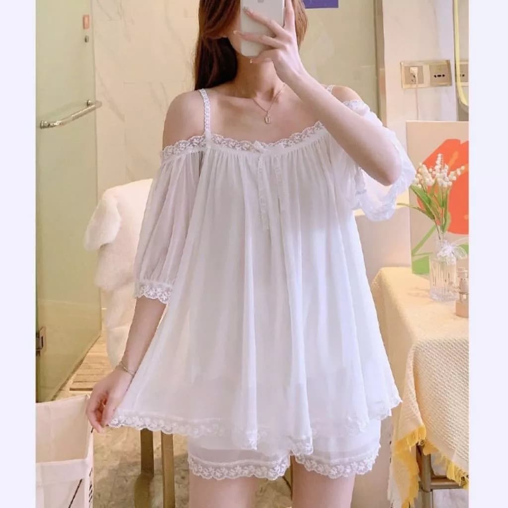 Bộ đồ ngủ lưới một vai mùa hè mới dành cho nữ, phong cách cung điện, đồ mặc nhà ở nhà ngọt ngào, đơn giản, chất lượng cao