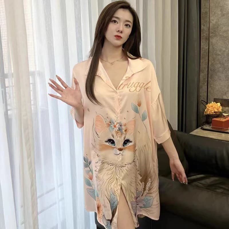 Bộ đồ ngủ bằng lụa mùa hè dành cho nữ, Bộ đồ ngủ áo sơ mi dáng rộng dài vừa phải lưới màu đỏ dễ thương