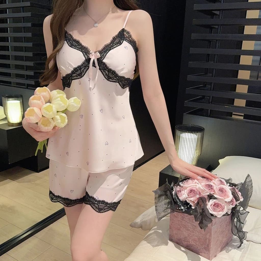 Bộ đồ ngủ có dây đeo ren cho nữ mùa hè phong cách mới có miếng đệm ngực có thể mặc bên ngoài váy hoa Bộ đồ ngủ lụa băng nữ