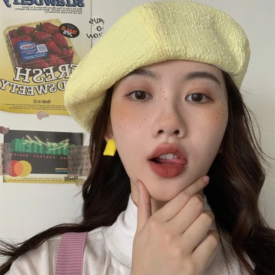 [Kem Mùa Hè Màu Vàng] Thể Hiện Mặt Mũ Nồi Nhỏ Nữ Xếp Ly Seersucker Trắng Raspberry Đỏ Họa Sĩ Mũ Hợp Thời Trang