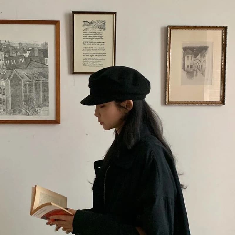 Len Đen Hải Quân Hình Bát Giác Mũ Nữ Anh Retro Thu Đông Mũ Phẳng Top Họa Sĩ Mũ Newsboy Mũ Beret
