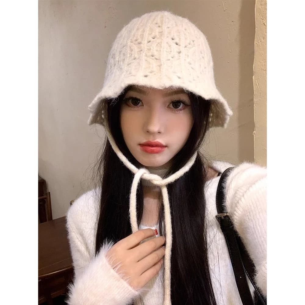 Phong Cách Hàn Quốc Ren-Up Mũ Xô Dệt Kim Nữ Thu Đông Phong Cách Mới Phù Hợp Với Mũ Xô Đầu Lớn Chu Vi Nhỏ F