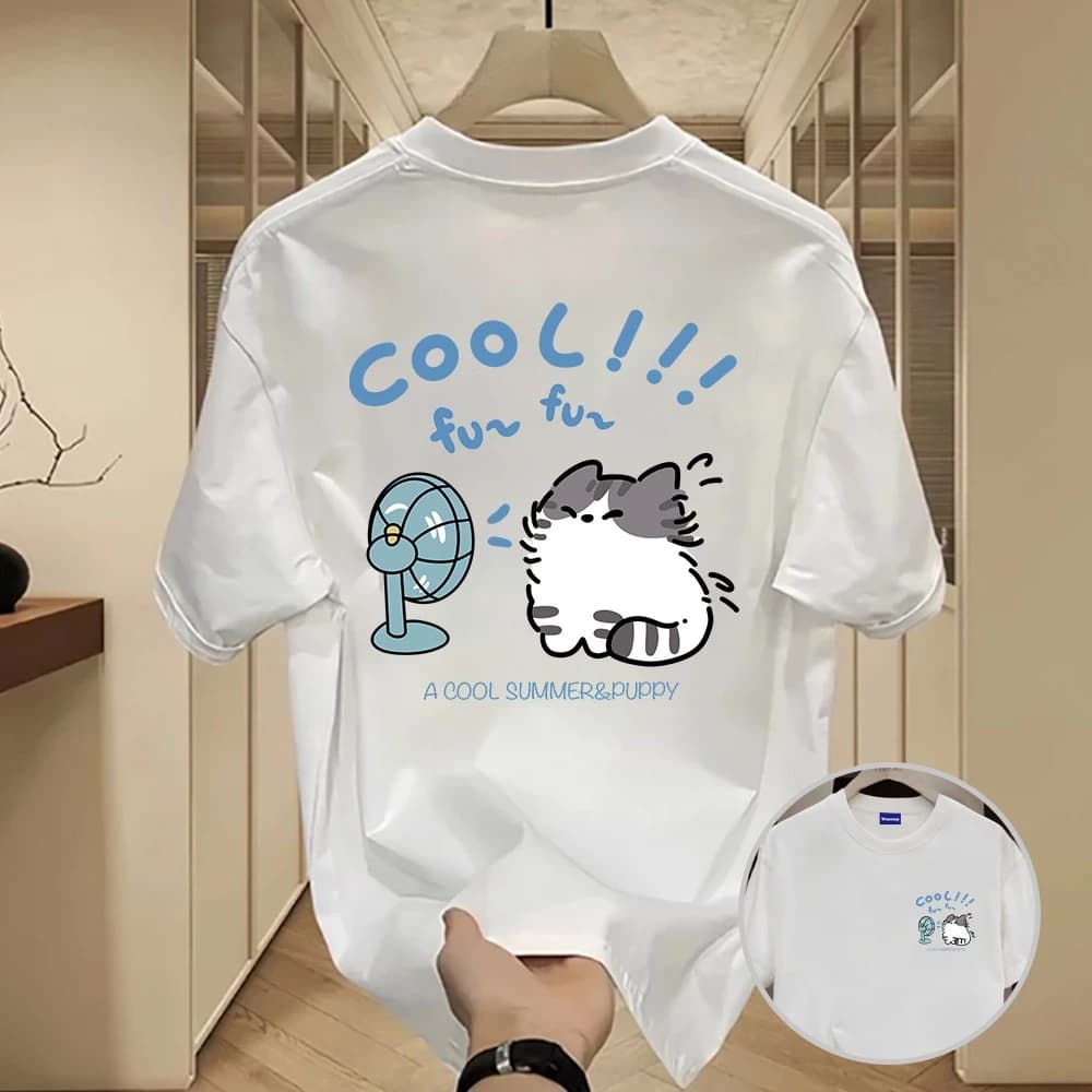 ✨Hàng có sẵn✨WASSUP Cartoon hair dryer kitten-Áo thun nam mới! cotton, thời trang, Unisex