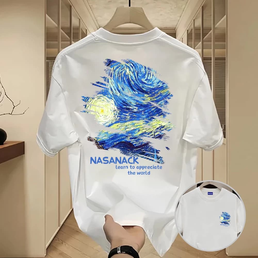 ✨Hàng có sẵn✨WASSUP Oil Painting Starry Sky-Áo thun nam mới! cotton, thời trang, Unisex