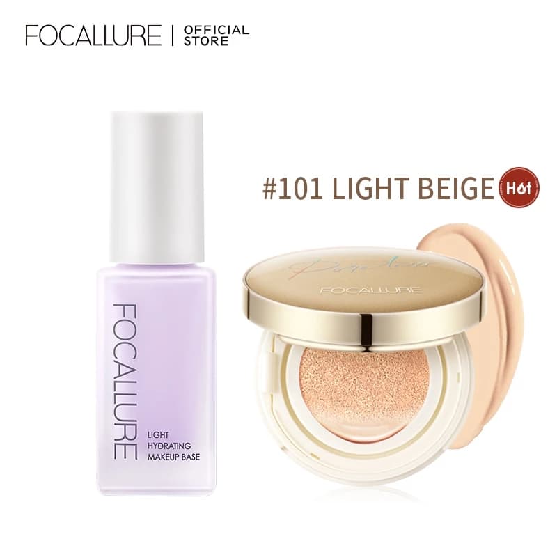 Bộ sản phẩm trang điểm mặt FOCALLURE 2 món với kem lót làm sáng giữ ẩm + phấn nước BB thu lỗ chân lông