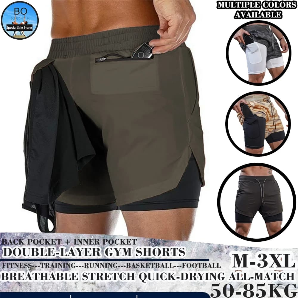 Quần short tập thể dục nam BOSSPORT Thể dục thể thao Quần short chạy bộ hai lớp Huấn luyện tập luyện khô nhanh
