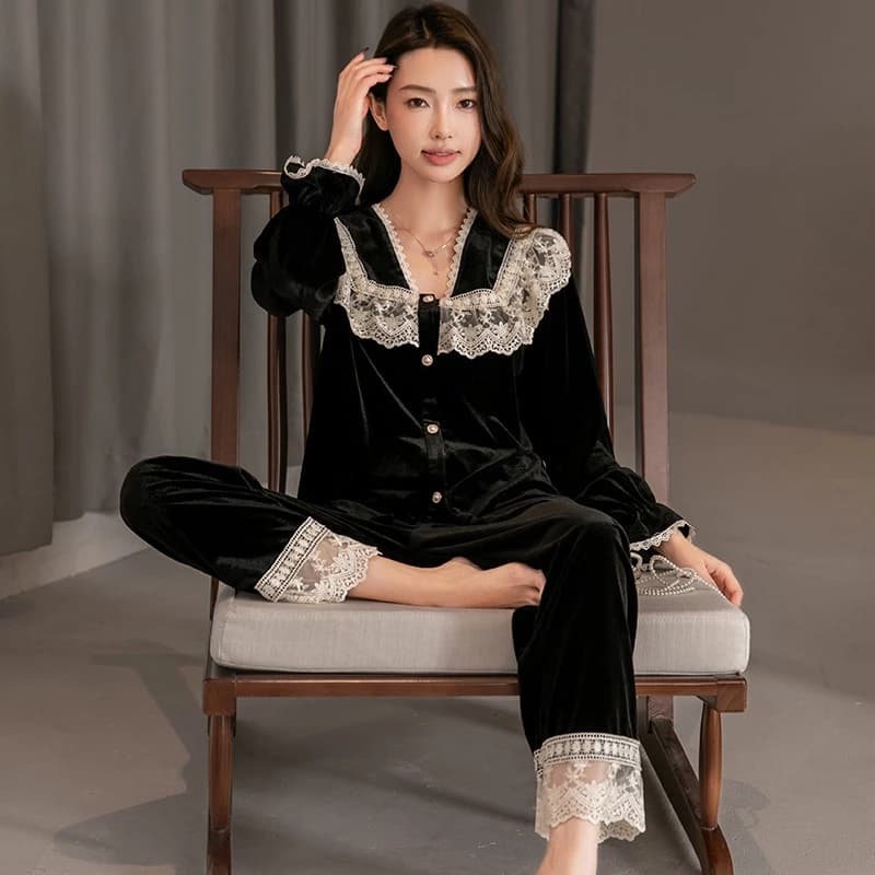 Bộ Đồ Ngủ Nữ Thu Đông Mới Nhung Vàng Áo cardigan Phù Hợp Với Phong Cách Hàn Quốc Rời Ngọt Ngào Dễ Thương Ren Mặc Ở Nhà