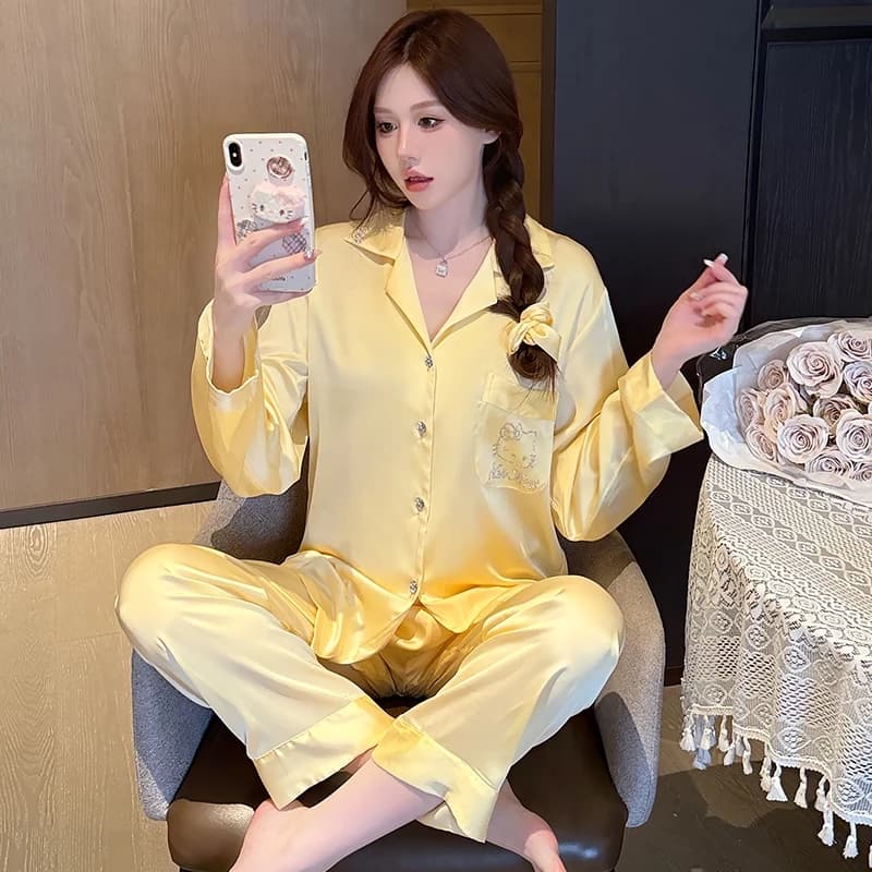 TEEFENG Đồ ngủ Nữ Xuân Mùa Hè Cao Cấp Dễ Thương Lụa Băng Dài Tay Mặc Nhà
